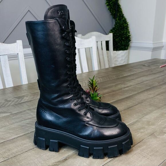 Prada Lug-Sole Tall Leather Combat Boots Size 7 (37.5) - Picture 6 of 15
